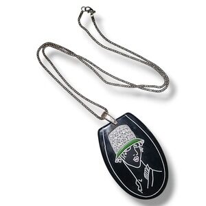 Vintage Art Deco Style Lady Hat Pendant Necklace Acrylic 80s Black Large